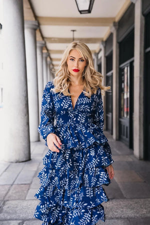 Autumn Blue Leaf Ruffle Dress